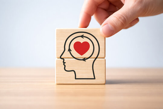 Emotional intelligence concept with human head silhouette and heart icon on wooden blocks representing mental health awareness empathy psychology and personal development growth
