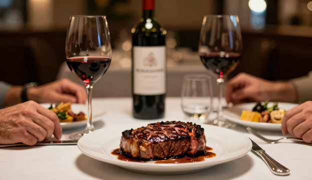 Enjoying a fine dining experience with steak and red wine on an elegant evening at a classic restaurant