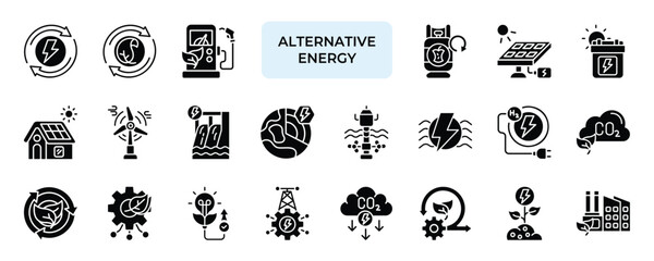 Alternative Energy Icon set Collection in Solid Glyph Style. renewable, sustainability, biofuel, ethanol, solar, battery