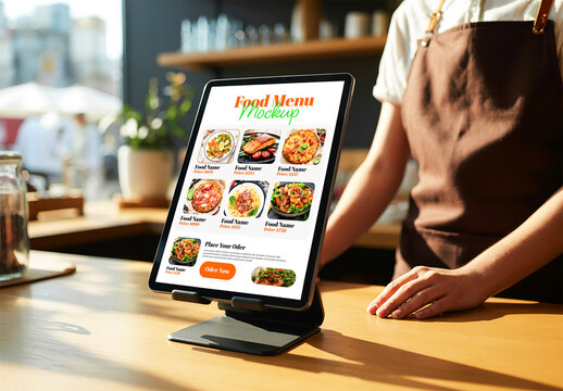 Digital Tablet Food Menu Mockup on Restaurant Counter with Waiter