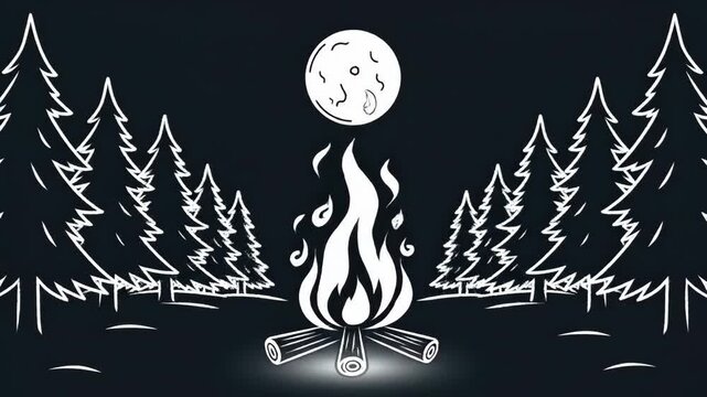 Camping Scene with Campfire and Full Moon.