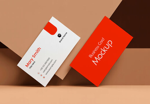 Dual Business Card Mockup Leaning on Two Tone Background