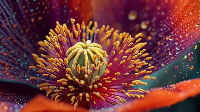 Extreme macro shot of pollen cluster inside a flower, exploring the intricate details of the reproductive structure in a vibrant, microscopic world