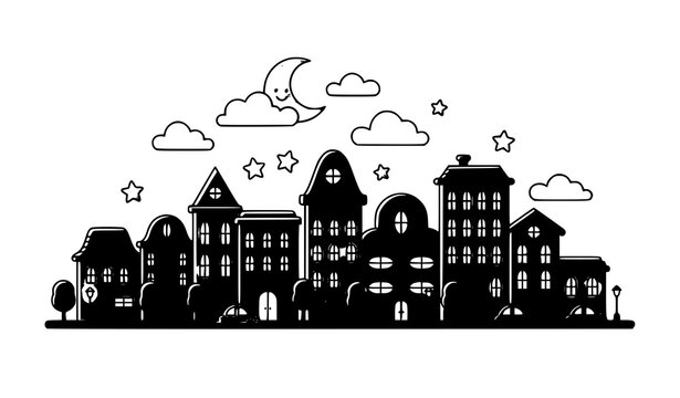 Cartoon Style Night City Landscape with Moon and Stars Vector Illustration Isolated on White Background