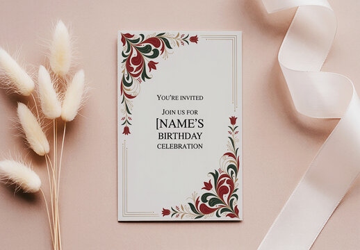 Elegant Birthday Invitation Card Mockup with Floral Corners and Ribbon