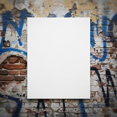 Blank white vertical poster mockup placed on old brick wall with peeling paint and blue graffiti. Urban grunge background with copy space, ideal for street style branding, advertising design, artwork 