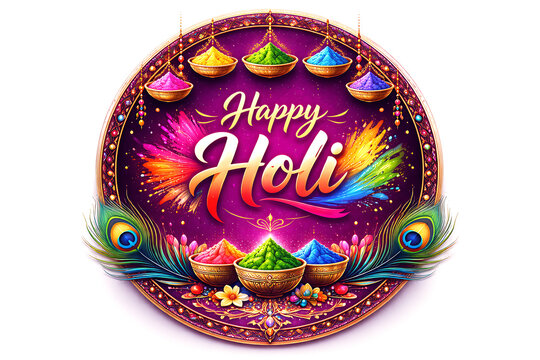 Beautiful circular decorative festive emblem featuring vibrant peacock feathers and traditional bowls of colorful powder to celebrate the joyous holi festival and holika dhan traditions
