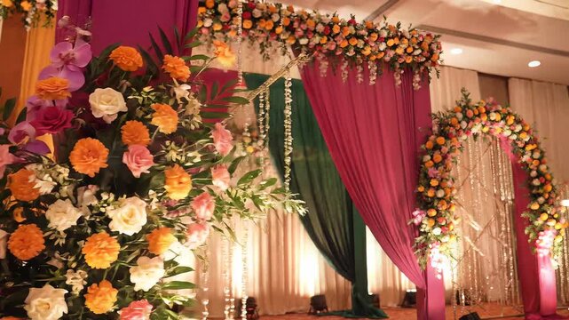 Vibrant Indian Wedding Stage Decoration Colorful Drapes Floral