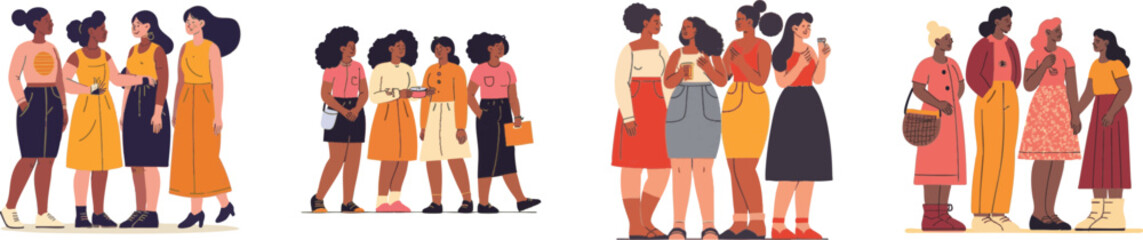 Obraz premium Watercolor women's day. Vector illustration of four women of different cultures and nationalities standing together set isolated on white background