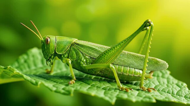 Close-up macro shot of a vibrant green grasshopper perched on a lush, sun-drenched leaf in a verdant natural setting
