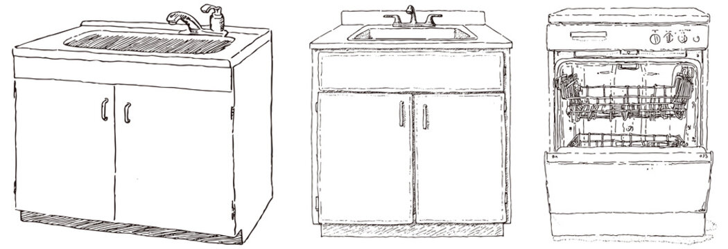 Hand Drawn Kitchen Sink and Dishwasher Sketch Set