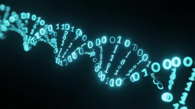 Futuristic glowing binary digits forming lines twisting dna dark background neon cyan seamless surreal ambience cascading softly abstract unique style ultra realistic loop