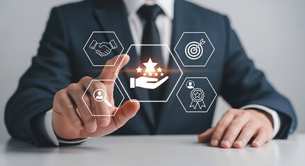 Naklejka premium Target audience marketing strategy concept with businessman selecting customer icon surrounded by business growth and branding symbols in corporate environment