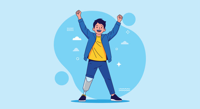 Young boy with a prosthetic leg raises his arms in triumph and smiles joyfully against a blue background with abstract shapes and clouds.