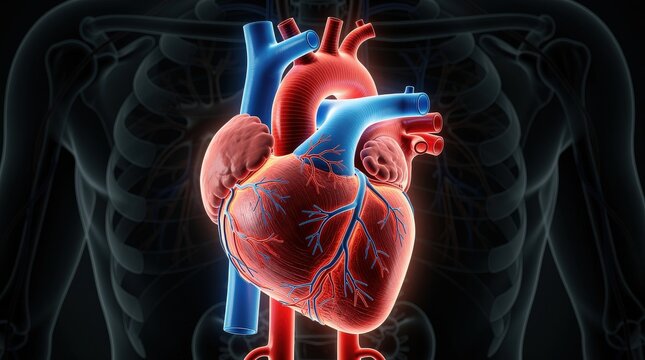 3D illustration of a human heart highlighting arteries, veins, and anatomical structure within the chest cavity.
