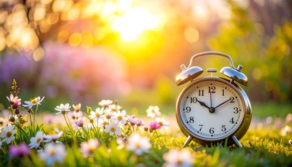 Fotobehang Zorgcentrum Spring Time Alarm Clock in Garden  © rioyoungguns