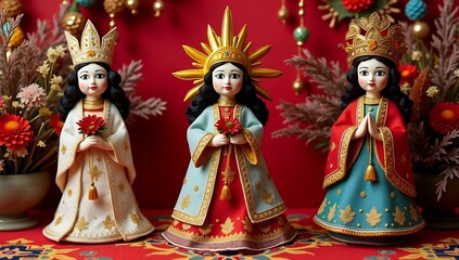 Fototapeta premium Three Beautifully Adorned Religious Statues with Crowns and Elaborate Robes.