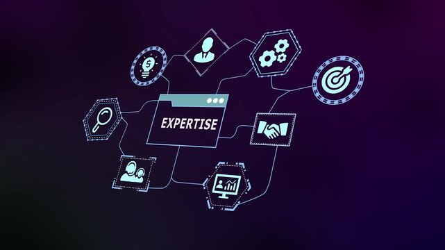  Professional expertise and specialized knowledge concept with digital network icons for skill, training and innovation.
