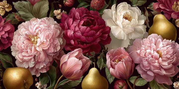 Still Life of Pink Red and White Peonies with Golden Pears and Lush Green Foliage on a Dark Background in a Dutch Masters Style
