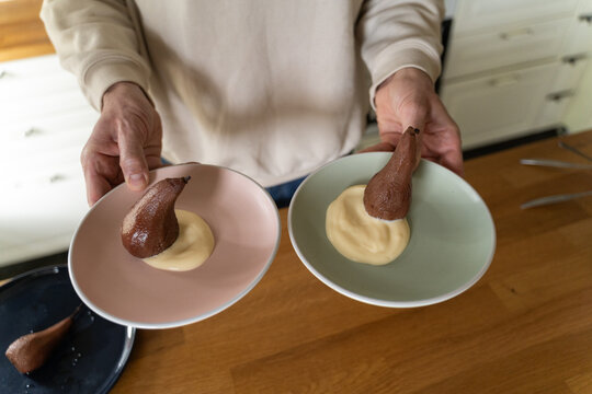 Plating poached pear dessert