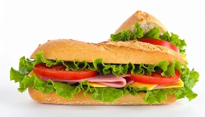 Layered ham and cheese sandwich with lettuce and tomato