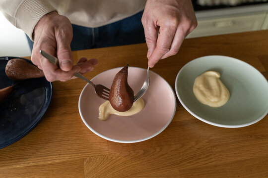 Plating poached pear dessert