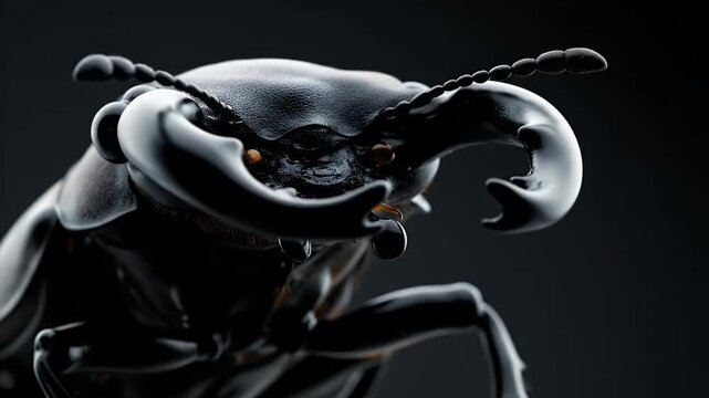 Intense macro shot of a powerful stag beetle, its formidable mandibles and detailed head structure dramatically lit against a dark backdrop, emphasizing its captivating anatomy
