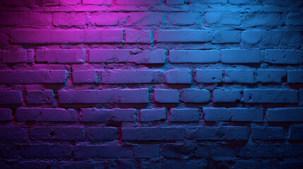 Fototapeta premium A brick wall with purple and blue neon lights, glowing in the dark