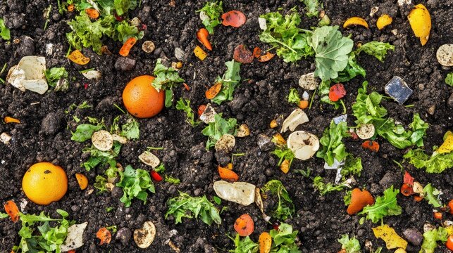 Aerial view of decaying organic food waste and plant matter mixed within dark soil