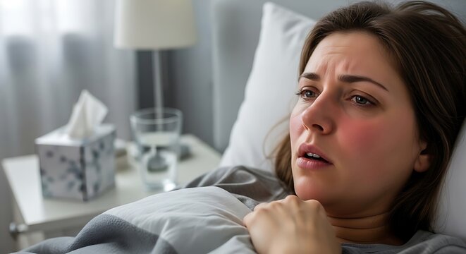 Young Woman Resting in Bed with Flu Symptoms Holding Thermometer in Bedroom
