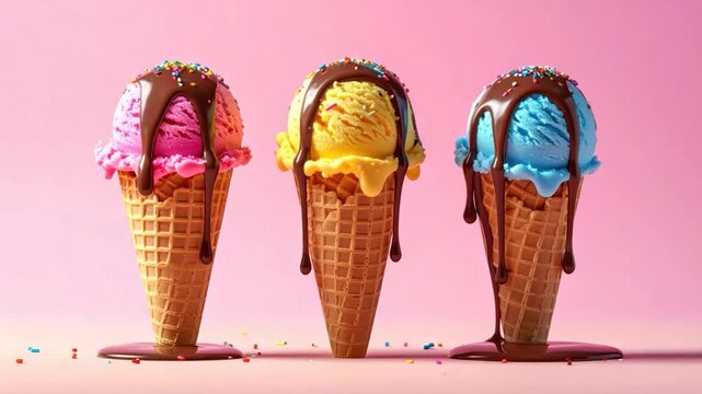 Three colorful ice cream cones with dripping chocolate and sprinkles on pink