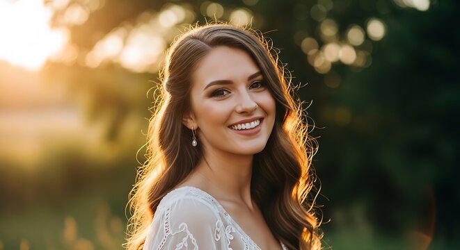 Young Woman With Wavy Brown Hair Smiling In Golden Sunlight Outdoors With Soft Green Background