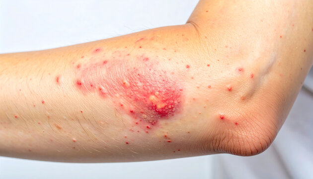 Close-up of human arm with red skin rash irritation allergic reaction medical condition dermatology health issue