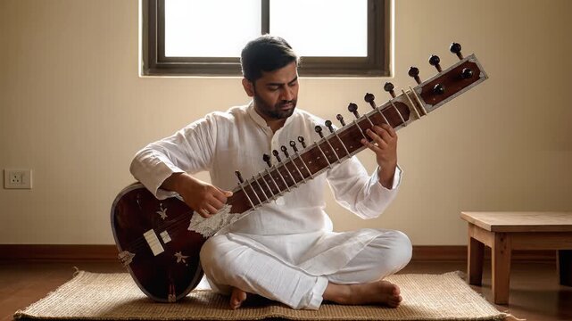 Indian Man Playing Sitar Traditional Music Instrument