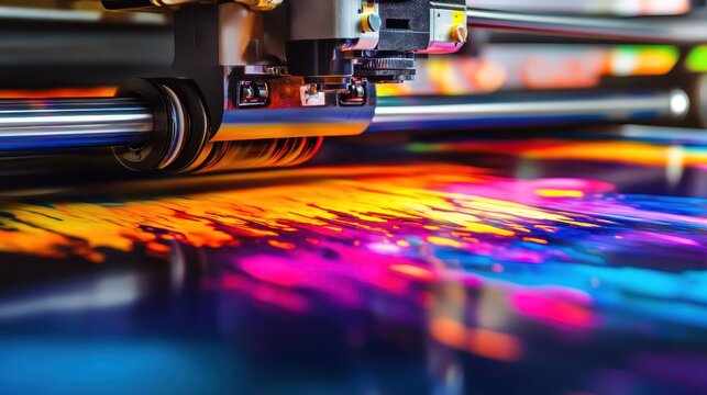 Close up of vivid inkjet printing process with colorful ink splashes and motion blur under studio lighting