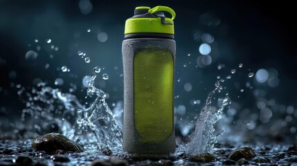 Sport Water Bottle Splashing on Rocks