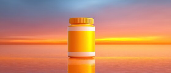 Medical pill bottle on colorful sunset background