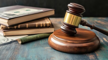Obraz premium Gavel resting on sound block next to stacked legal books, symbolizing international trade law and justice.