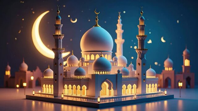 Illuminated model of a mosque, crescent moon, and stars against a blue night sky