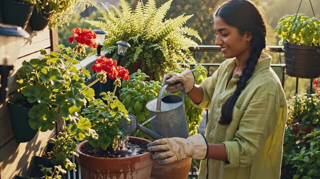 Woman Watering Potted Plants on Sunny Balcony Wearing Gardening Gloves and Light Green Shirt
