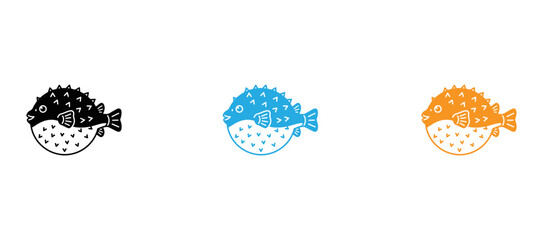 Three stylized pufferfish icons in distinct black, blue, and orange color schemes. isolated on transparent background, Vector © Md