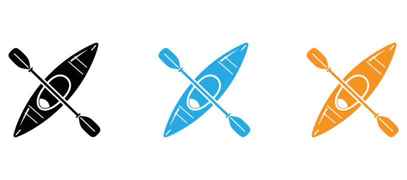 Three stylized kayak icons with different color schemes and paddles isolated on transparent background, Vector