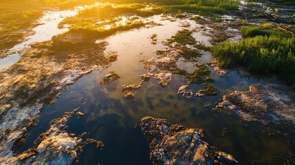 Polluted Waterway Reflecting Golden Sunlight During Daylight, Showing Environmental Degradation