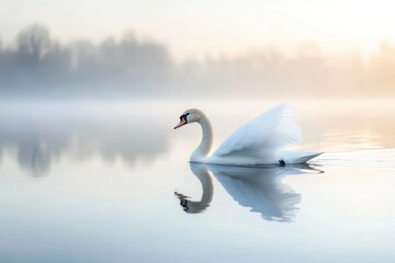 Fototapeta premium Elegant Swan Gliding on Misty Lake Water at Dawn