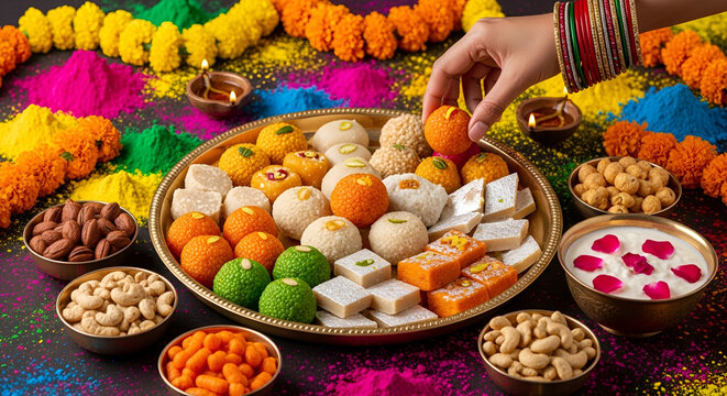 Indian woman taking Diwali sweets Gujiya peda barfi Indian sweet dessert mithai festival Dussehra Holi ganesh chaturthi Ram navami Durga pooja ashtami Navratri 4K footage Mumbai Kerala India Sri Lanka