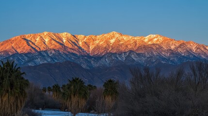Fototapeta premium Snow-capped mountains bathed in golden hour sunset light with palm trees in the foreground