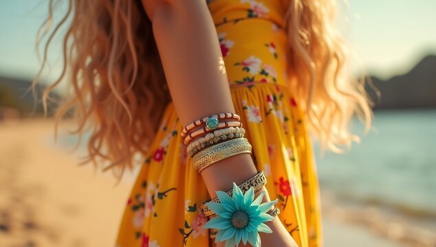 Womans arm adorned with bracelets and a flower wearing a yellow floral dress beach background.