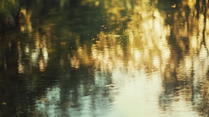 Obraz premium Tranquil sunset reflections on calm river waters with soft golden light creating a serene natural landscape