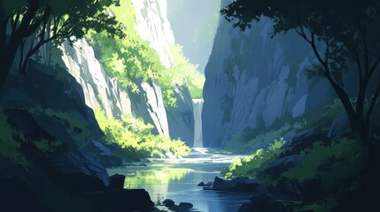 Sunlit Mountain Canyon River Scene With Lush Greenery And Distant Waterfall