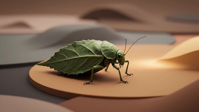 A vibrant green leaf insect, a marvel of natural camouflage, meticulously blends with its surroundings while resting on a warm, earthy platform within a minimalist, abstract landscape
